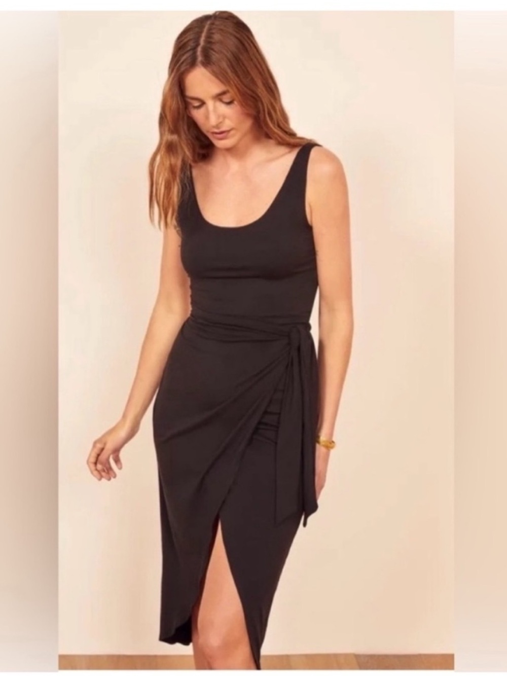 REFORMATION Kaila Black Jersey Knit Wrap Tank Midi Dress Small